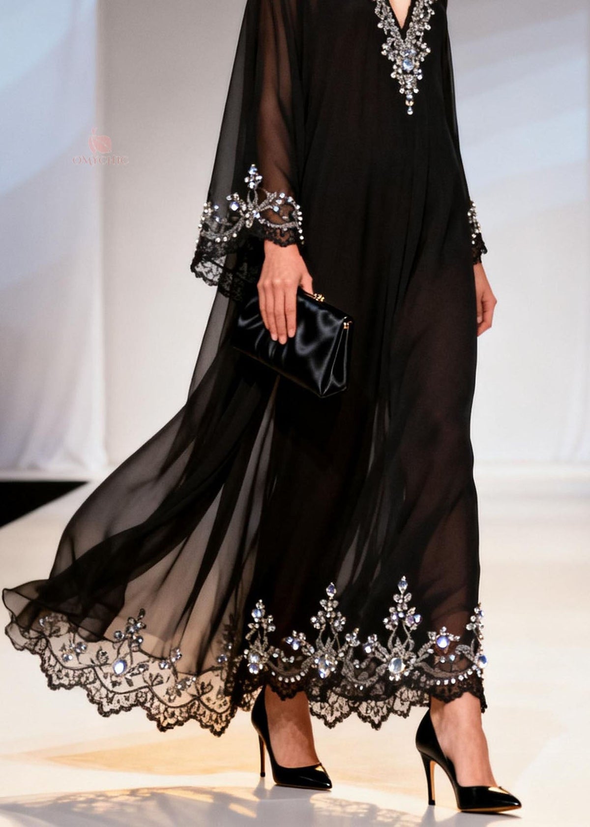 Chiffon Deep V-Neck Long Sleeve Rhinestone Bell Sleeve Maxi Gown - View 4