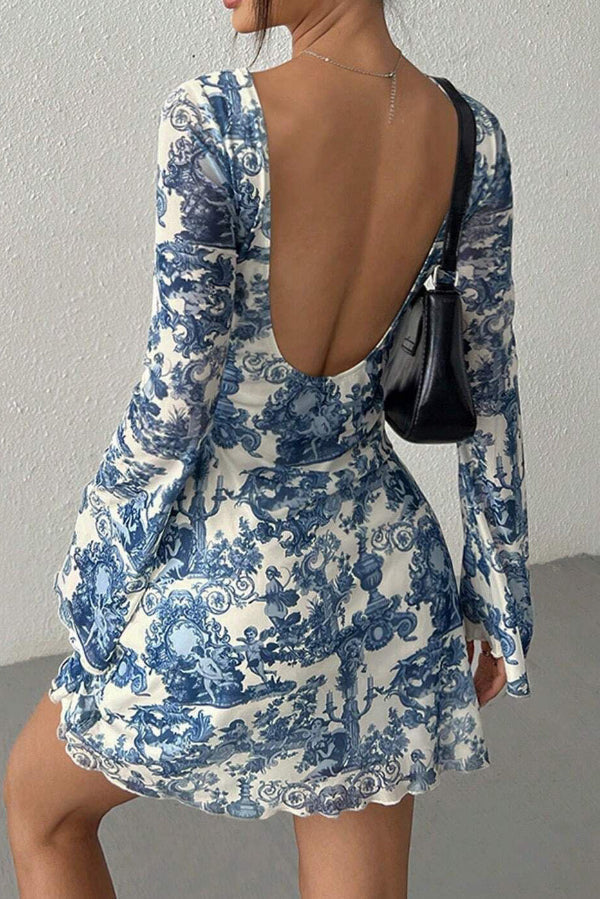Chic Blue Printed Trumpet Sleeve Backless Mini Dress