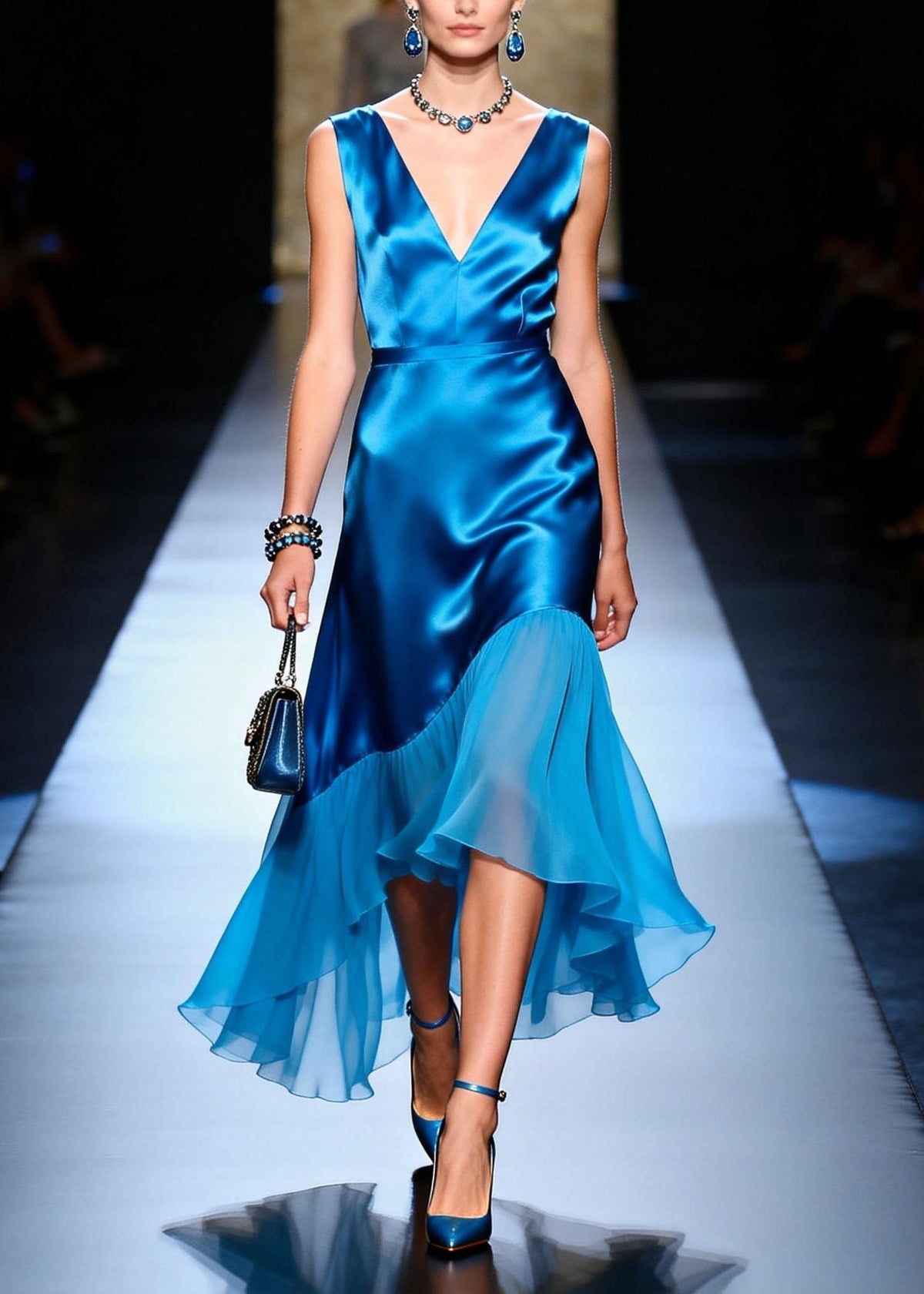 Satin Deep V-Neck Sleeveless Asymmetric Ruffle High Low Midi Dress