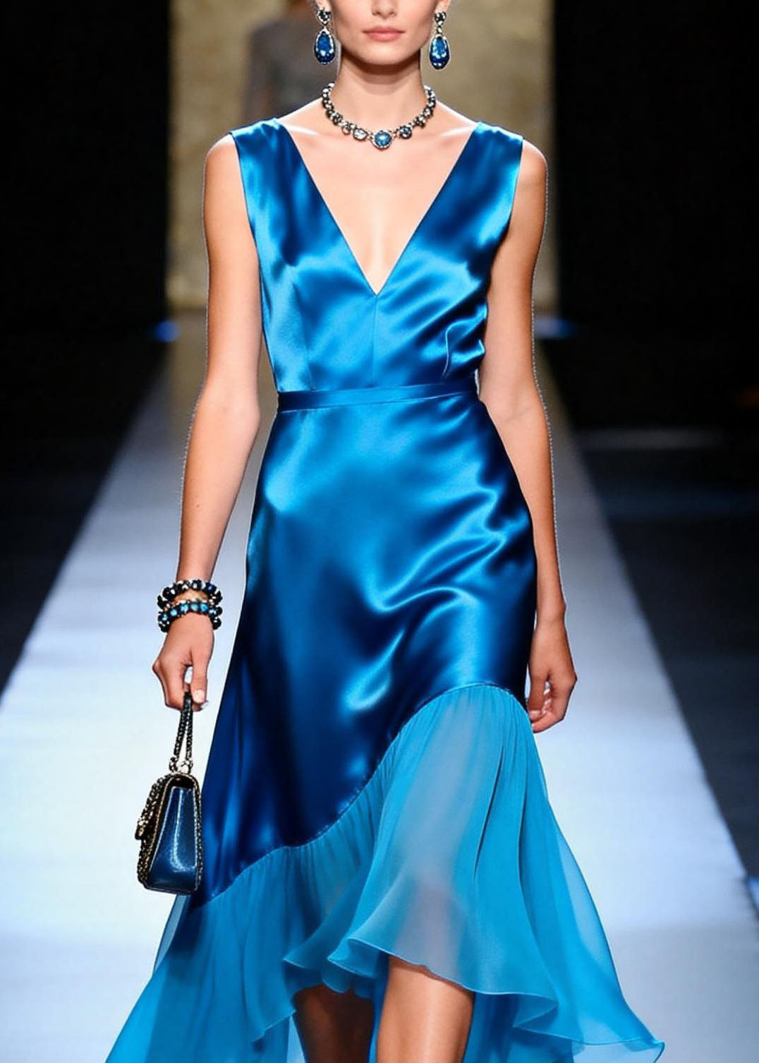 Satin Deep V-Neck Sleeveless Asymmetric Ruffle High Low Midi Dress - View 2