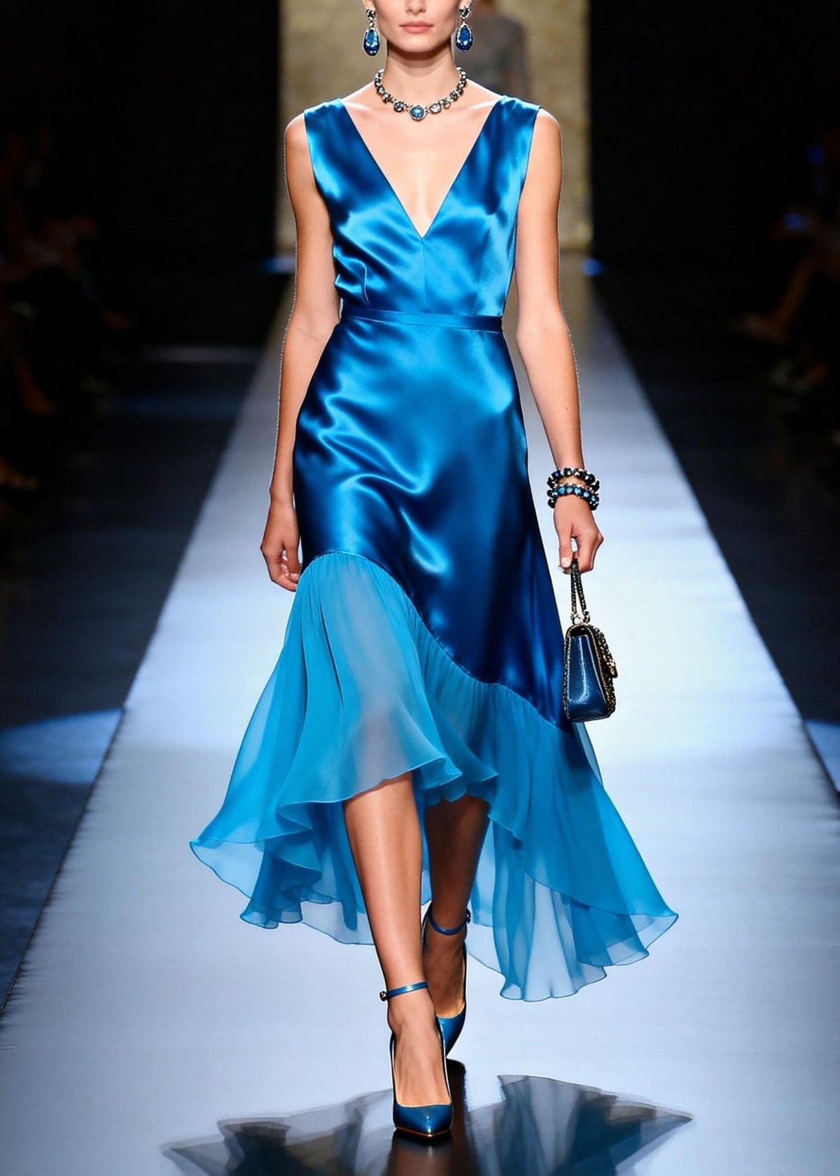 Satin Deep V-Neck Sleeveless Asymmetric Ruffle High Low Midi Dress - View 3