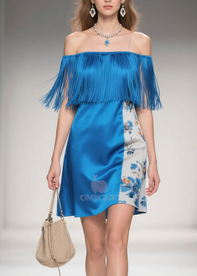 Off Shoulder Fringe Neckline Print Panel A-Line Mini Summer Dress - View 2