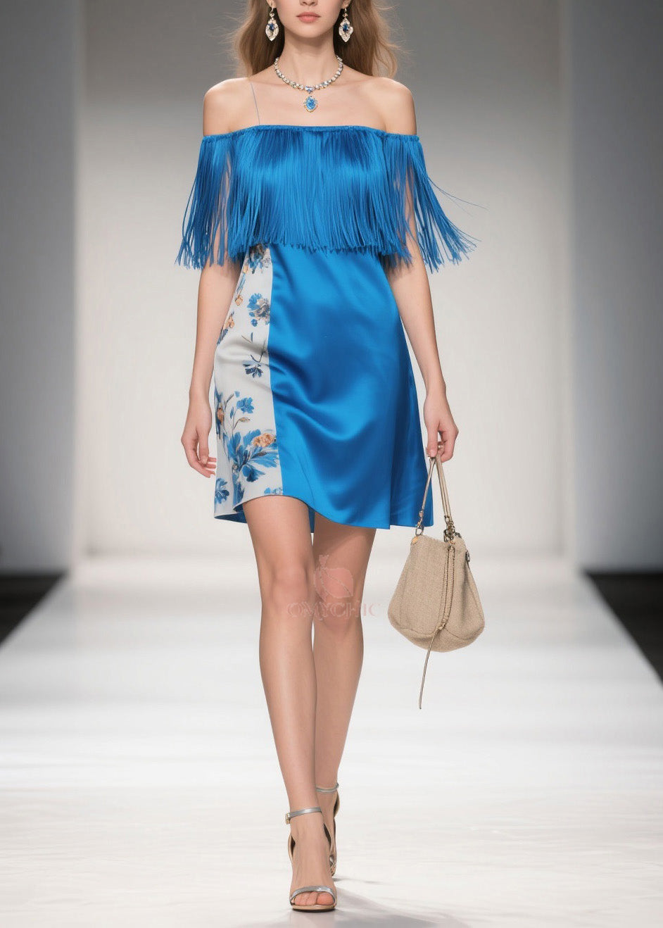 Off Shoulder Fringe Neckline Print Panel A-Line Mini Summer Dress - View 3