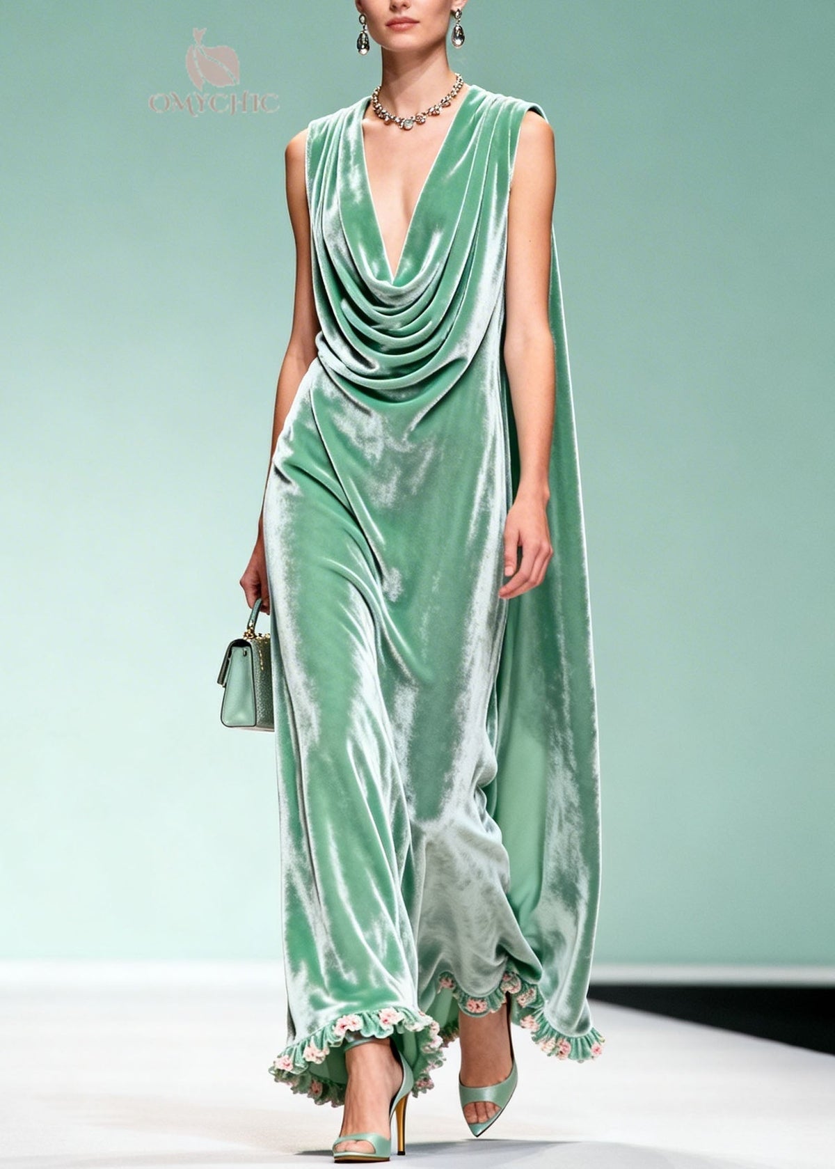 Chic Draped Neckline Ruffled Floral Patchwork Velvet Dress Sleeveless - View 5