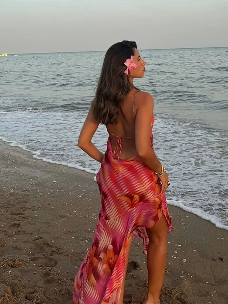 Chic V-neck Beach Ruffles Backless Floral Dress