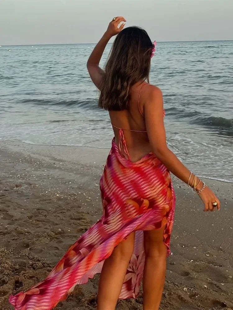 Chic V-neck Beach Ruffles Backless Floral Dress