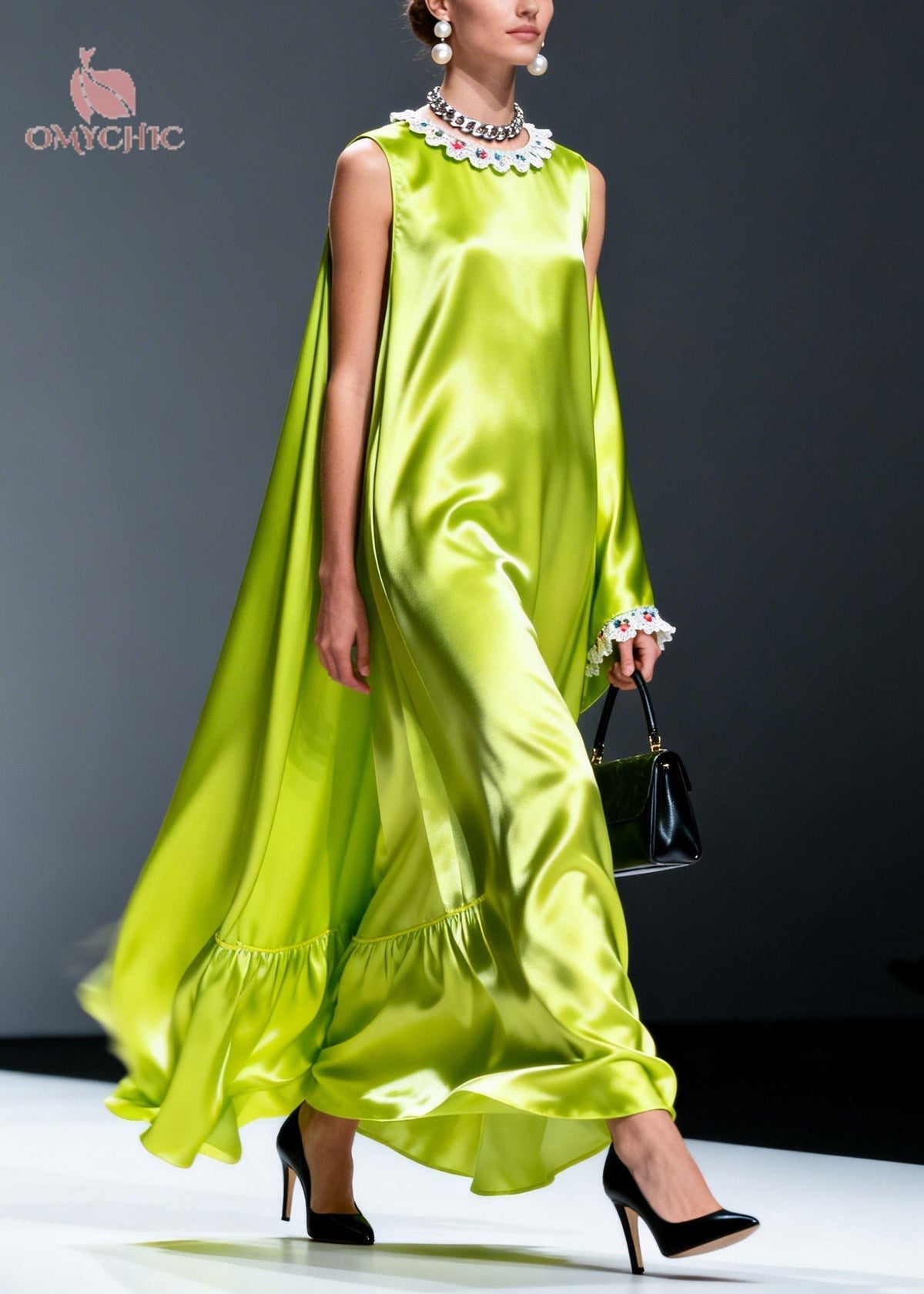 Lace Collar Asymmetric Cape One Sleeve Ruffle Flounce Satin Maxi Gown