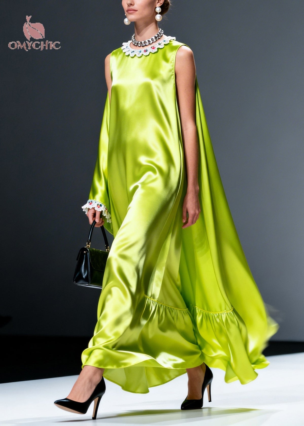 Lace Collar Asymmetric Cape One Sleeve Ruffle Flounce Satin Maxi Gown - View 3