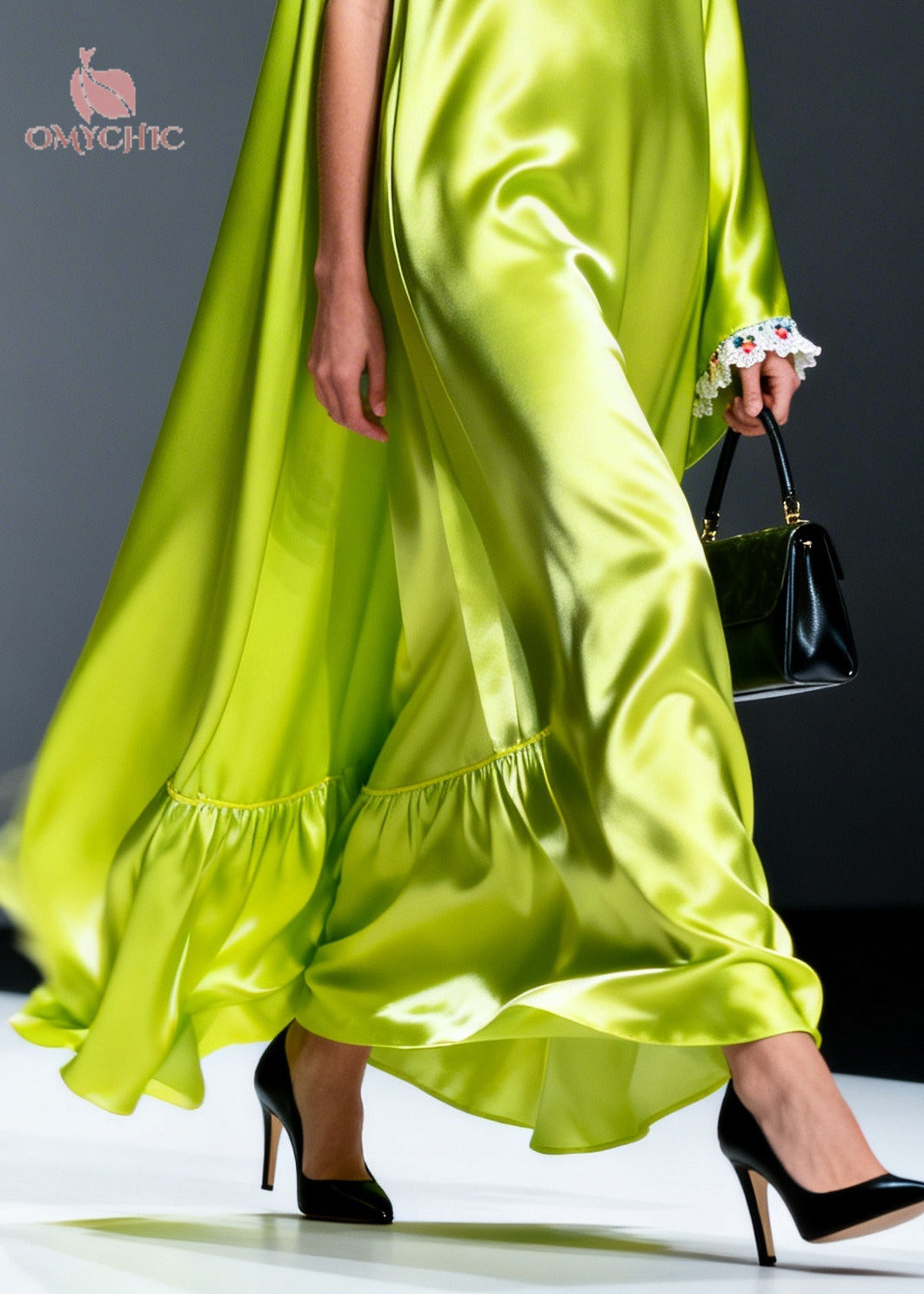 Lace Collar Asymmetric Cape One Sleeve Ruffle Flounce Satin Maxi Gown - View 4
