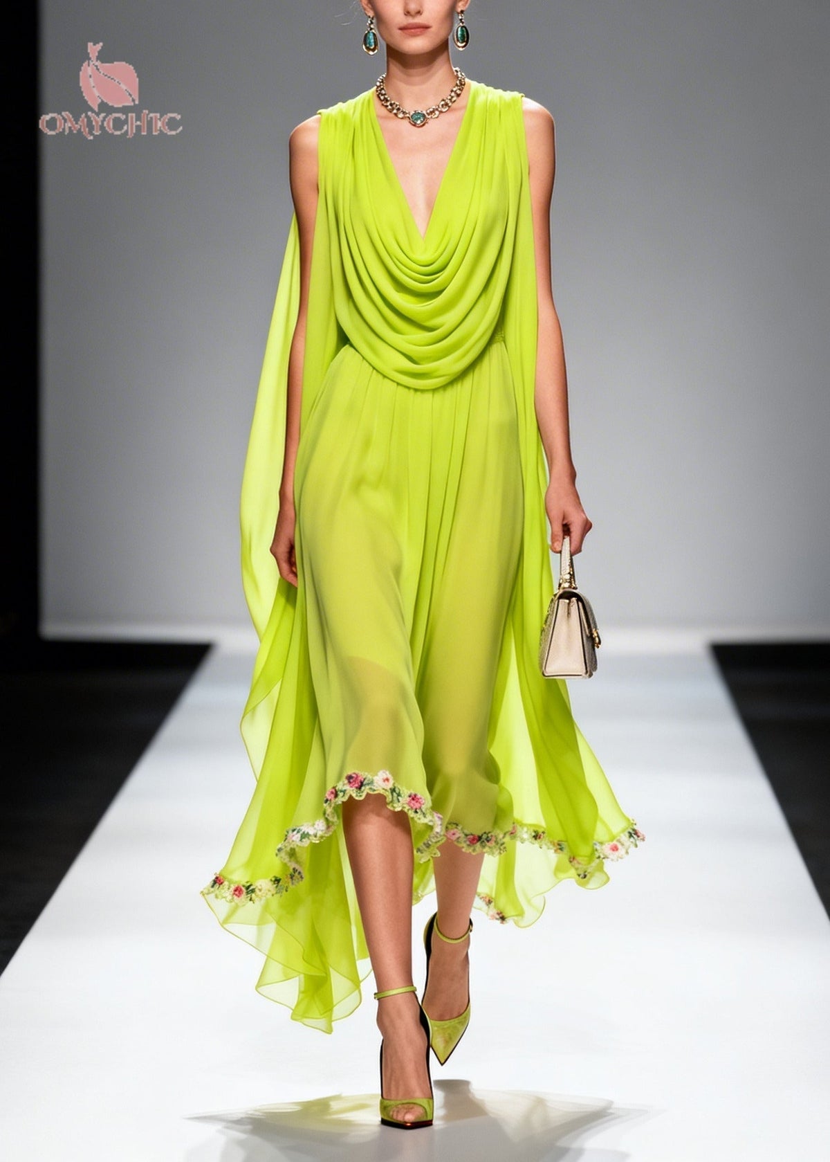 Cowl Neck Draped Shoulder Cape Floral Embroidered Hem Midi Dress