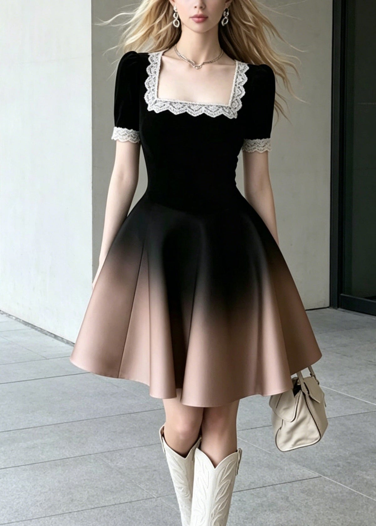 Velvet Square Neck Lace Trim Puff Sleeve Ombre Mini Dress