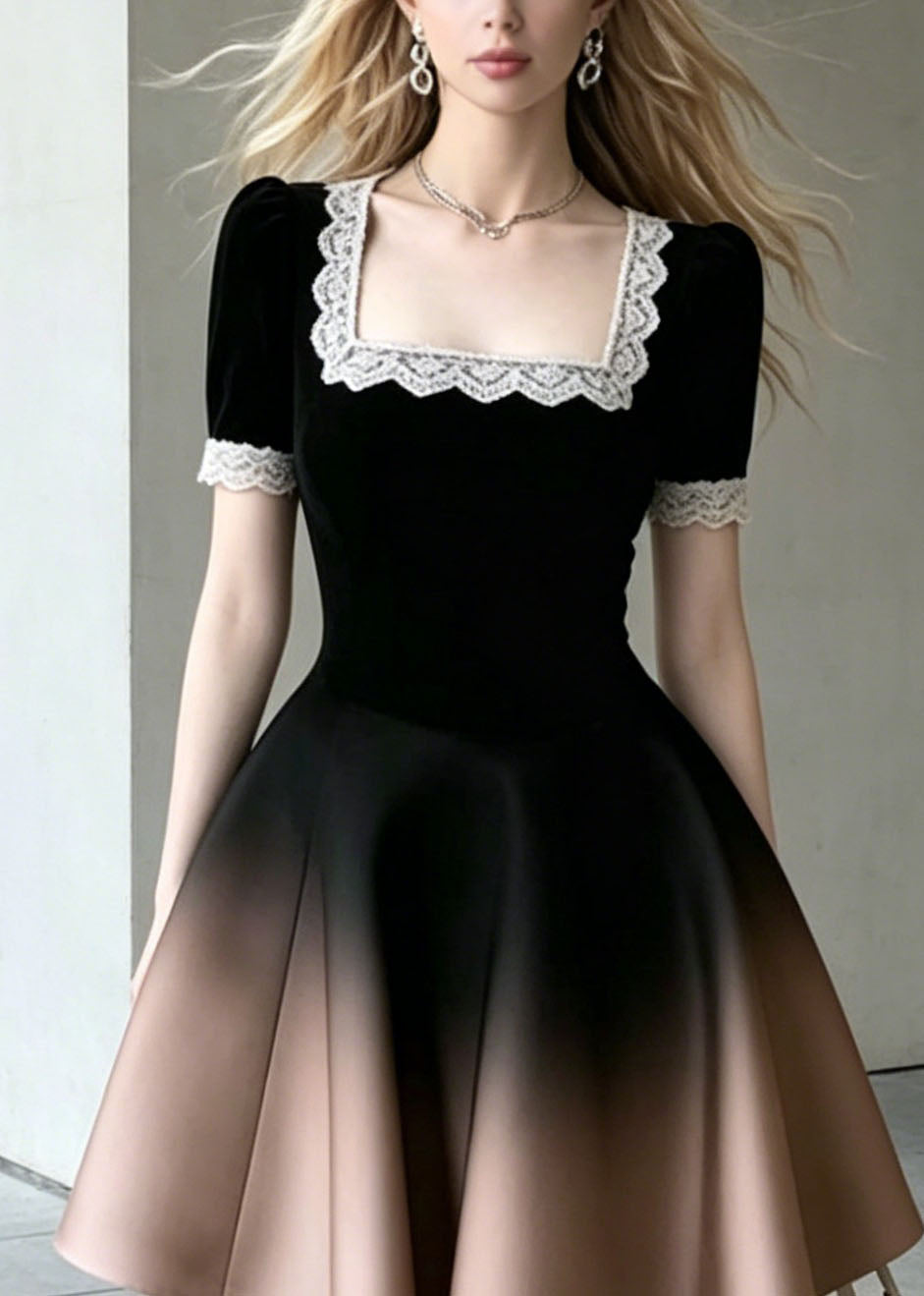 Velvet Square Neck Lace Trim Puff Sleeve Ombre Mini Dress - View 2