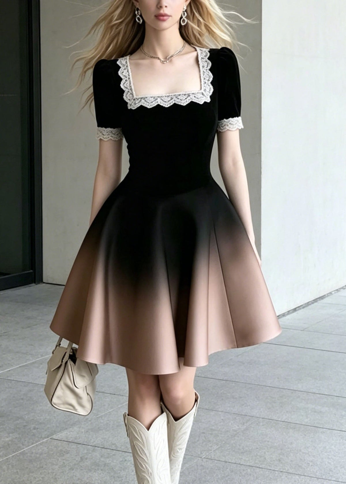 Velvet Square Neck Lace Trim Puff Sleeve Ombre Mini Dress - View 3