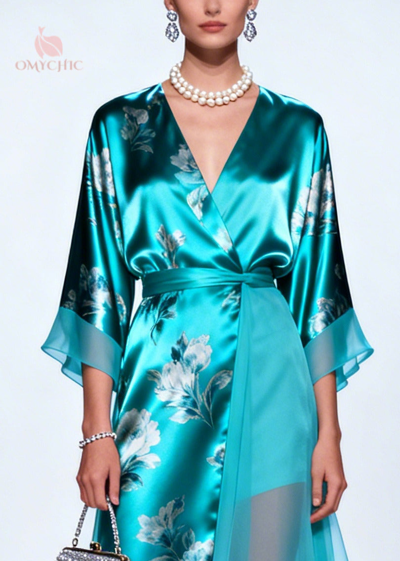 Floral Print Wrap Deep V-Neck Sleeve Tie Waist High Low Maxi Gown - View 2