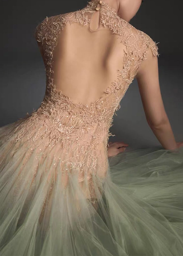 Chic Green Backless Lace Patchwork Tulle Party Dress Summer - View 4