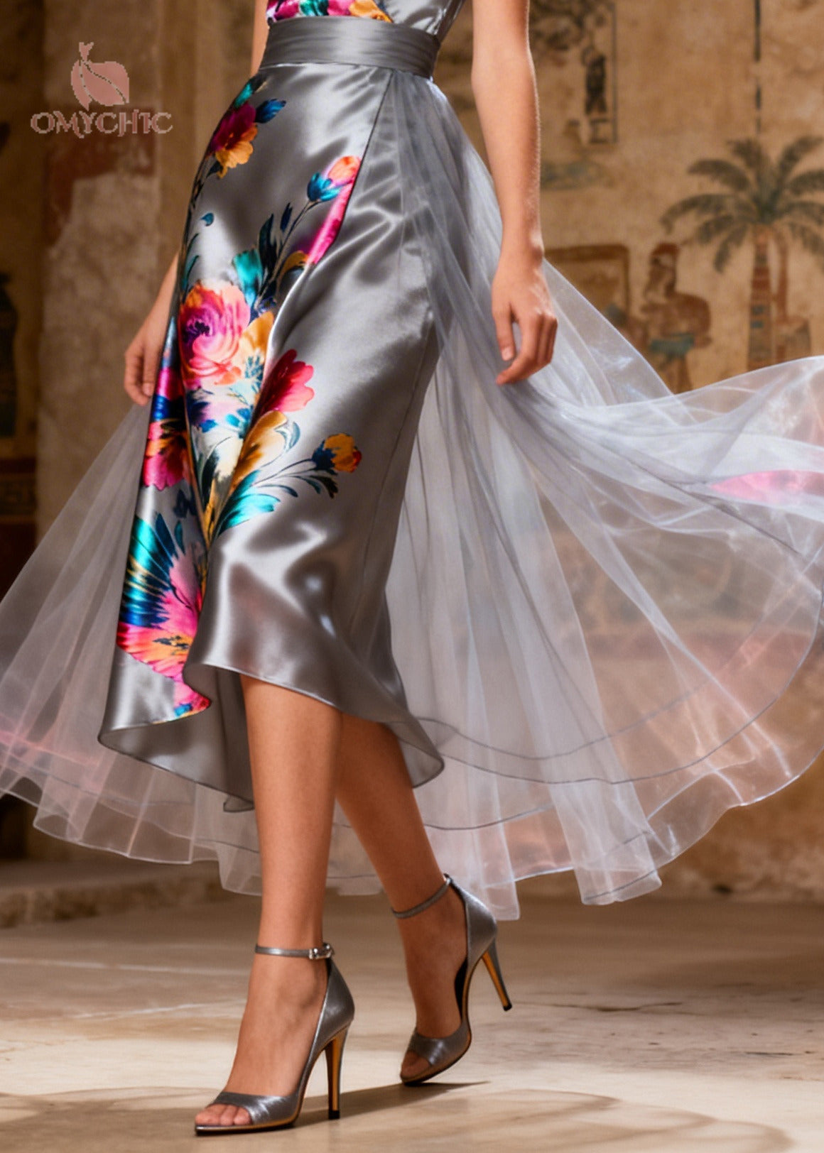 Floral Print Satin Deep V-Neck Spaghetti Strap Wrap Midi Dress - View 4