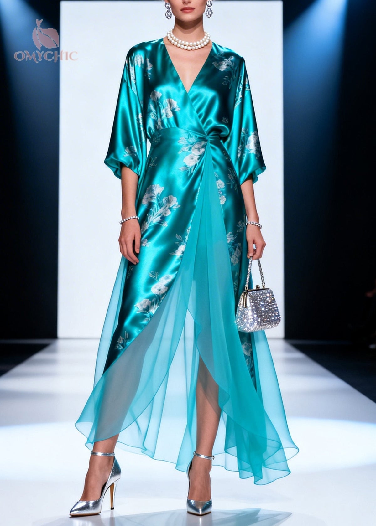 Satin Floral Print Wrap Deep V-Neck Bell Sleeve Chiffon Maxi Gown