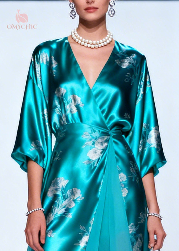 Satin Floral Print Wrap Deep V-Neck Bell Sleeve Chiffon Maxi Gown - View 2