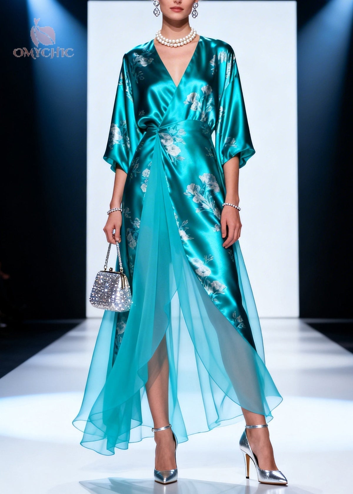 Satin Floral Print Wrap Deep V-Neck Bell Sleeve Chiffon Maxi Gown - View 3