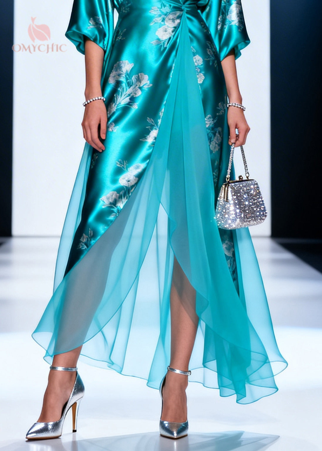 Satin Floral Print Wrap Deep V-Neck Bell Sleeve Chiffon Maxi Gown - View 4