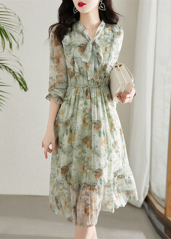 Chiffon Floral Tie Neck Long Sleeve Ruffle Hem Midi Dress