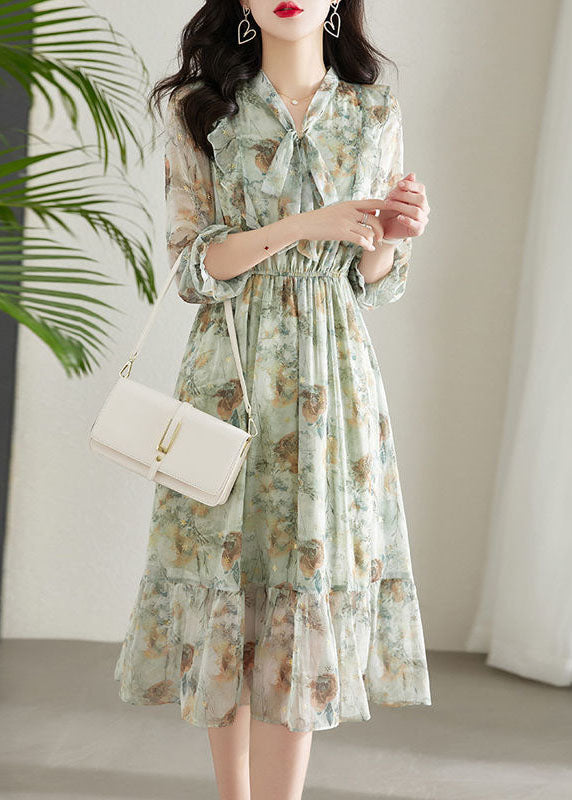 Chiffon Floral Tie Neck Long Sleeve Ruffle Hem Midi Dress - View 2