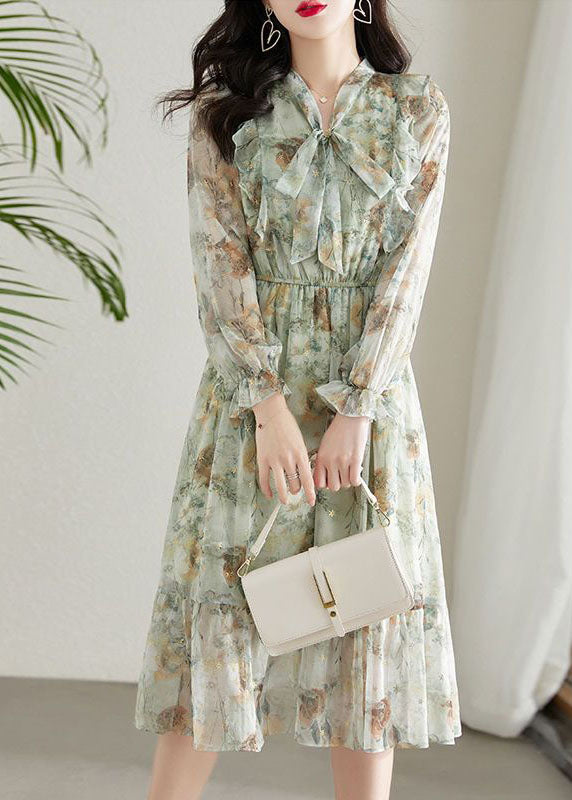 Chiffon Floral Tie Neck Long Sleeve Ruffle Hem Midi Dress - View 3