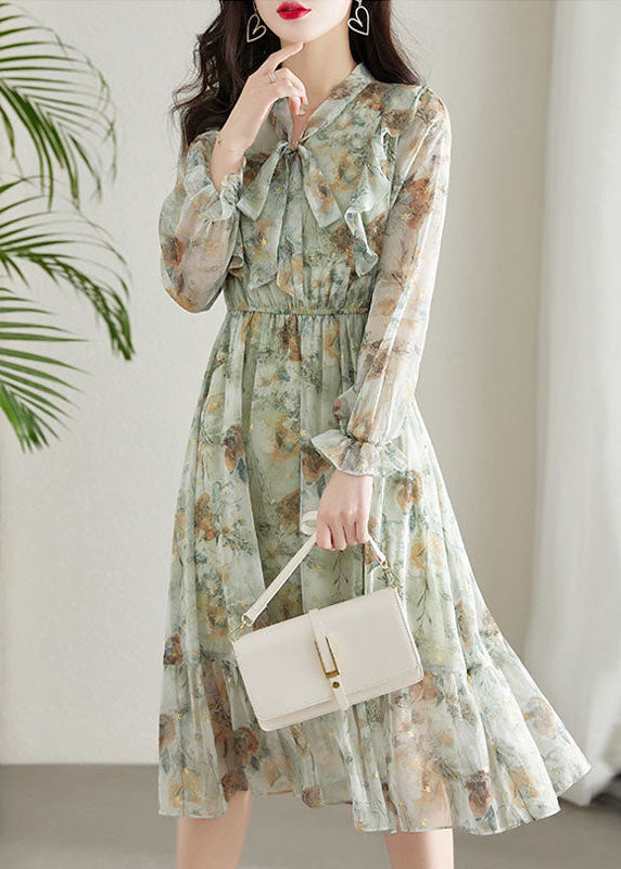 Chiffon Floral Tie Neck Long Sleeve Ruffle Hem Midi Dress - View 4