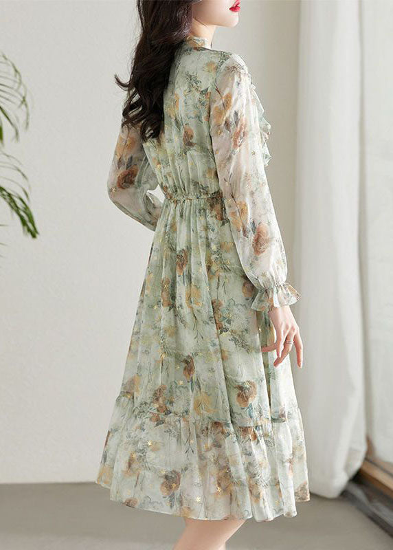 Chiffon Floral Tie Neck Long Sleeve Ruffle Hem Midi Dress - View 5