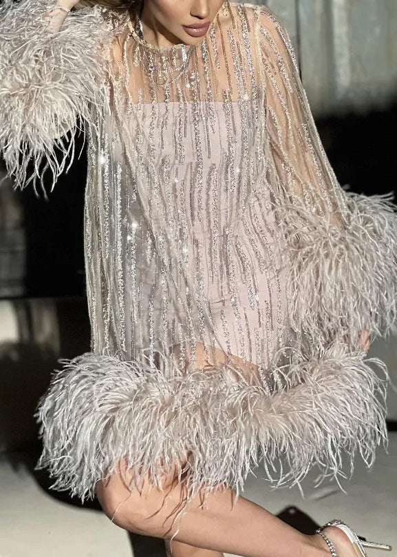 Sequin Mesh Overlay Feather Trim Mock Neck Mini Party Dress