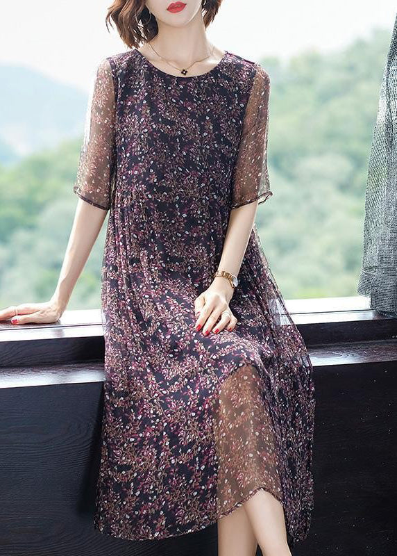 Floral Print Round Neck Short Sleeve Flowy A-Line Midi Dress