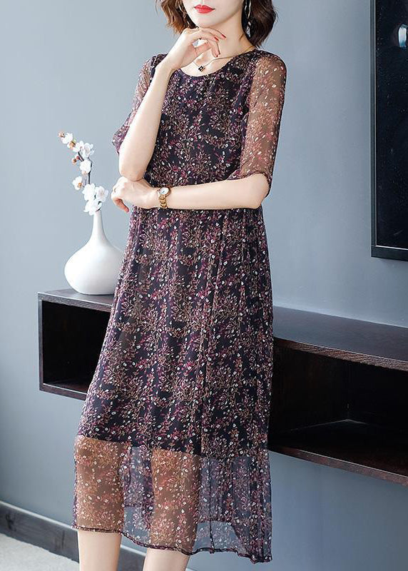 Floral Print Round Neck Short Sleeve Flowy A-Line Midi Dress - View 2