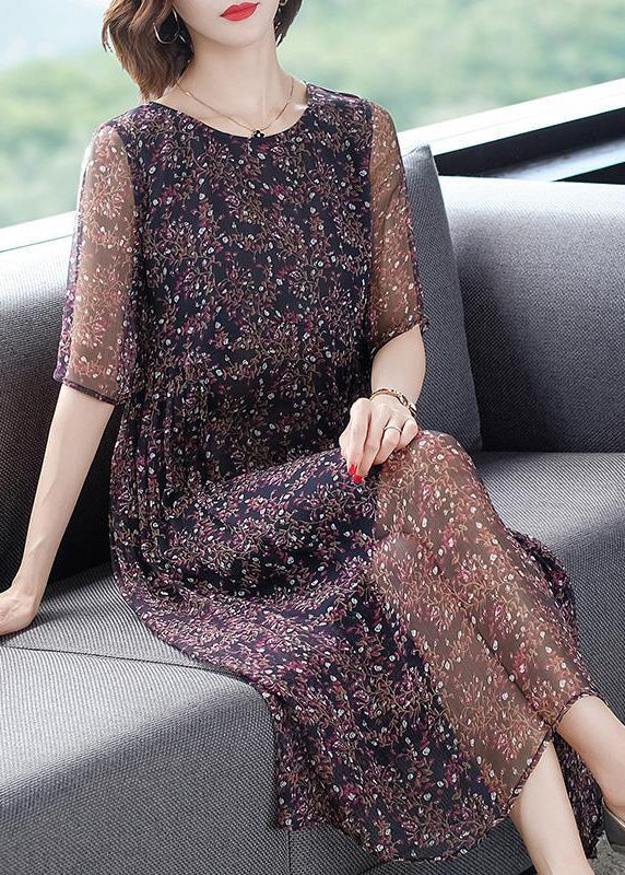 Floral Print Round Neck Short Sleeve Flowy A-Line Midi Dress - View 3