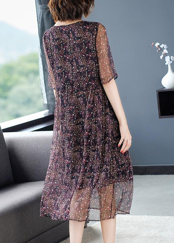 Floral Print Round Neck Short Sleeve Flowy A-Line Midi Dress - View 4
