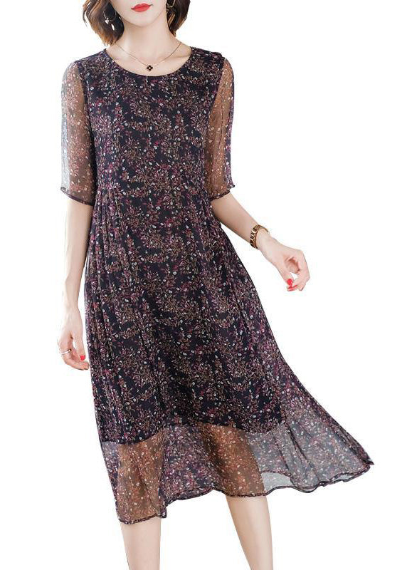 Floral Print Round Neck Short Sleeve Flowy A-Line Midi Dress - View 5