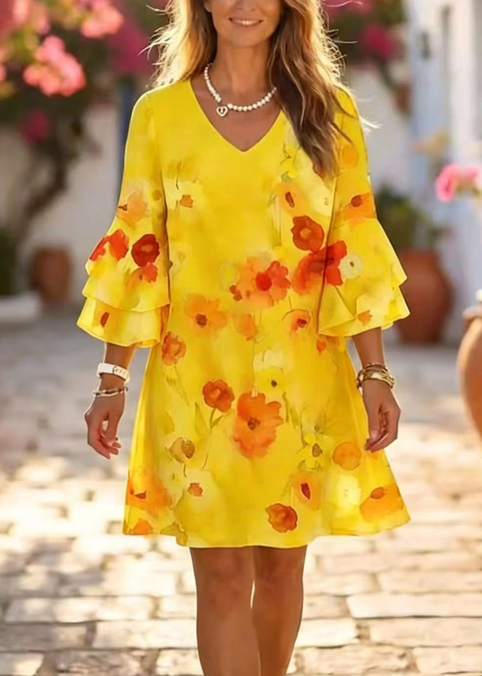 Chic Pink V Neck Print Chiffon Mini Dress Summer - View 3