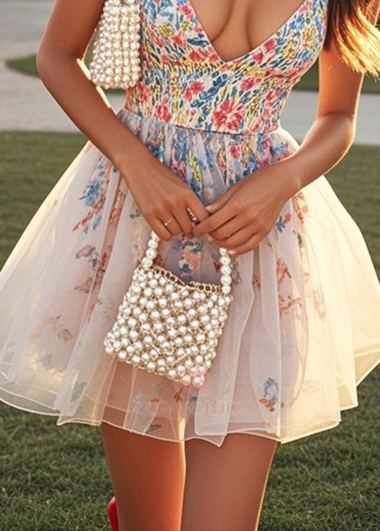 Chic Print V Neck Tulle Patchwork Cotton Mini Dress Summer - View 4