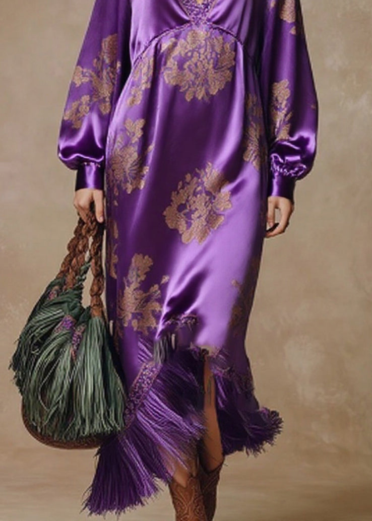 Satin Floral Damask Deep V-Neck Bishop Sleeve Tassel Fringe Maxi Gown - View 4
