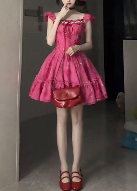 Chic Red Ruffled Patchwork Tie Lace Mid Dress Short Sleeve - View 5