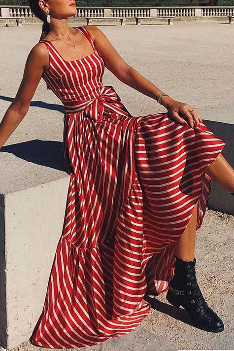 Striped Spaghetti-Strap Twist-Front Tiered Maxi Dress