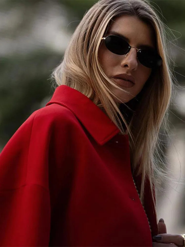 Chic Red Short Elegant Turn Down Collar Long Sleeve Coats - Fashionpara