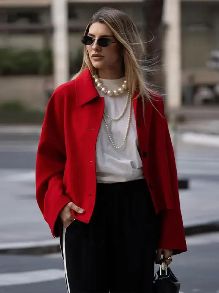 Chic Red Short Elegant Turn Down Collar Long Sleeve Coats - Fashionpara