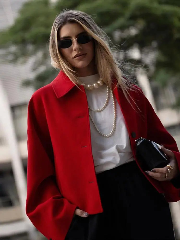 Chic Red Short Elegant Turn Down Collar Long Sleeve Coats - Fashionpara