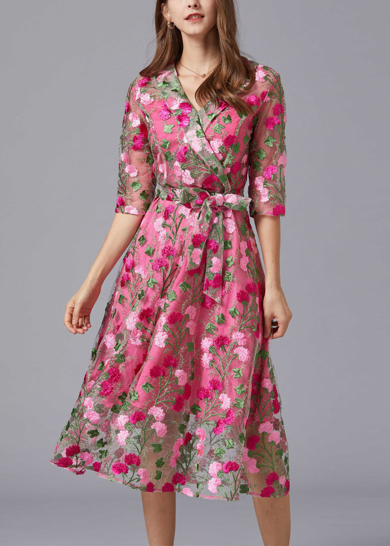 Floral Embroidered Tulle Overlay Wrap V-Neck Tie Waist Midi Dress