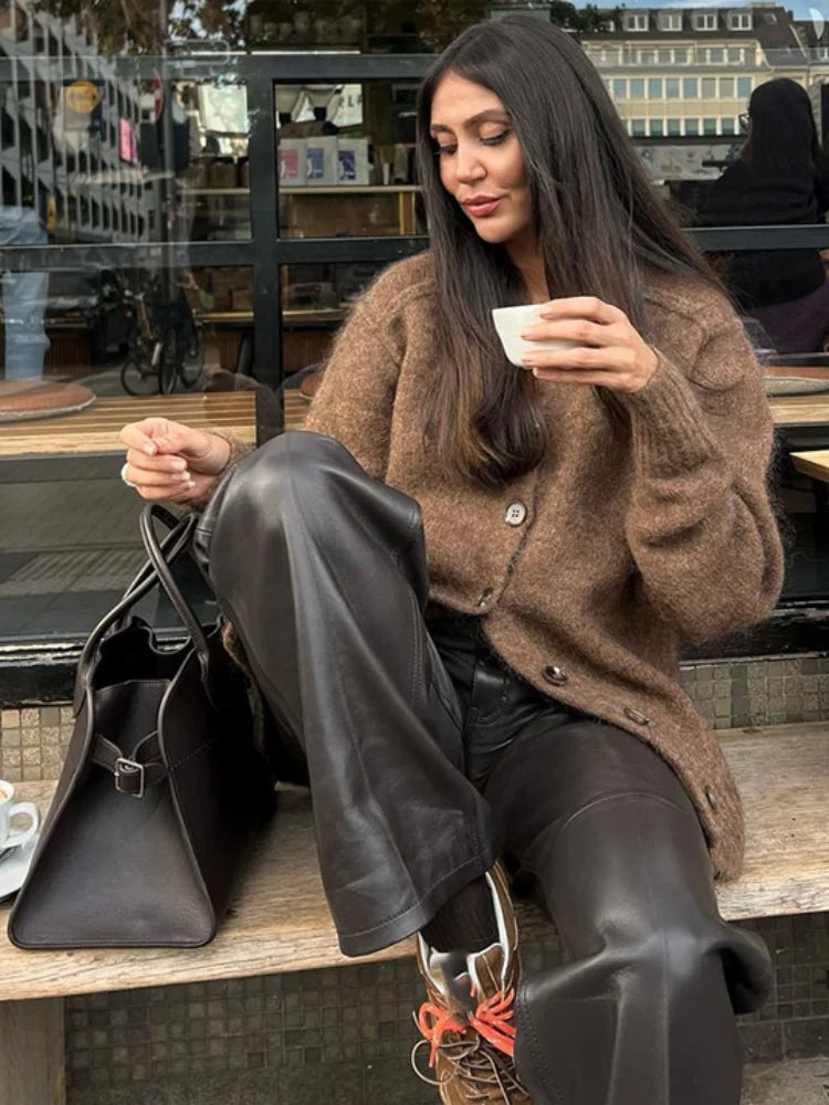 Solid V-neck Mohair Loose Cardigan