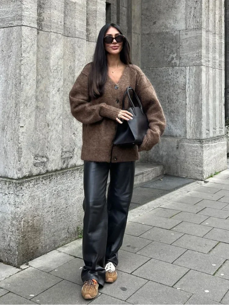 Solid V-neck Mohair Loose Cardigan