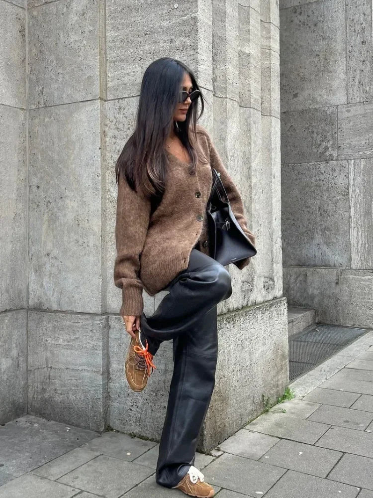 Solid V-neck Mohair Loose Cardigan