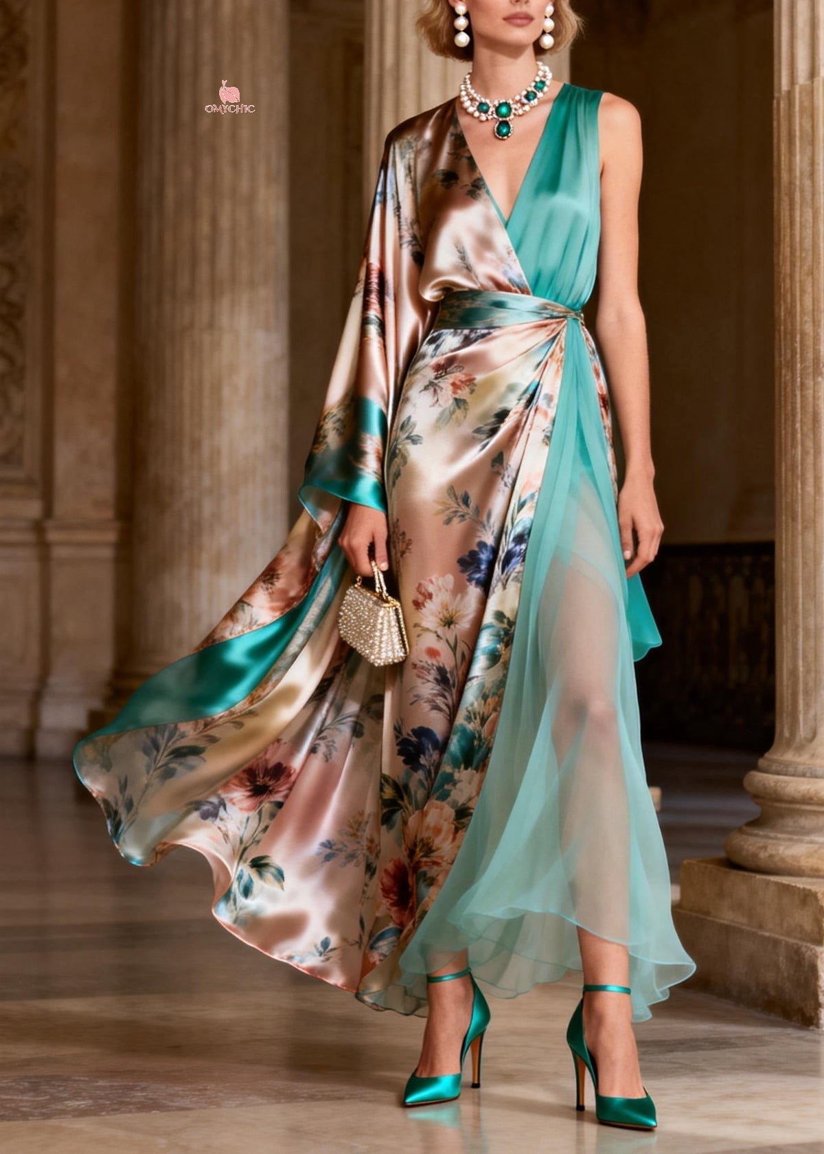 Floral Print Deep V-Neck One Sleeve Cape Wrap High Split Maxi Dress