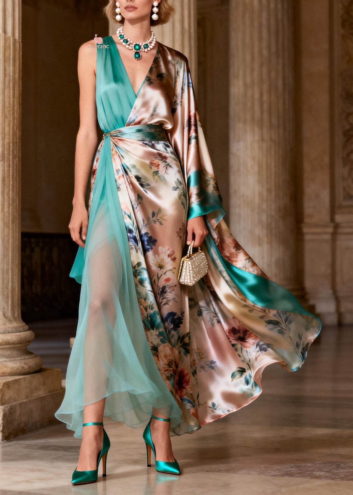 Floral Print Deep V-Neck One Sleeve Cape Wrap High Split Maxi Dress - View 3