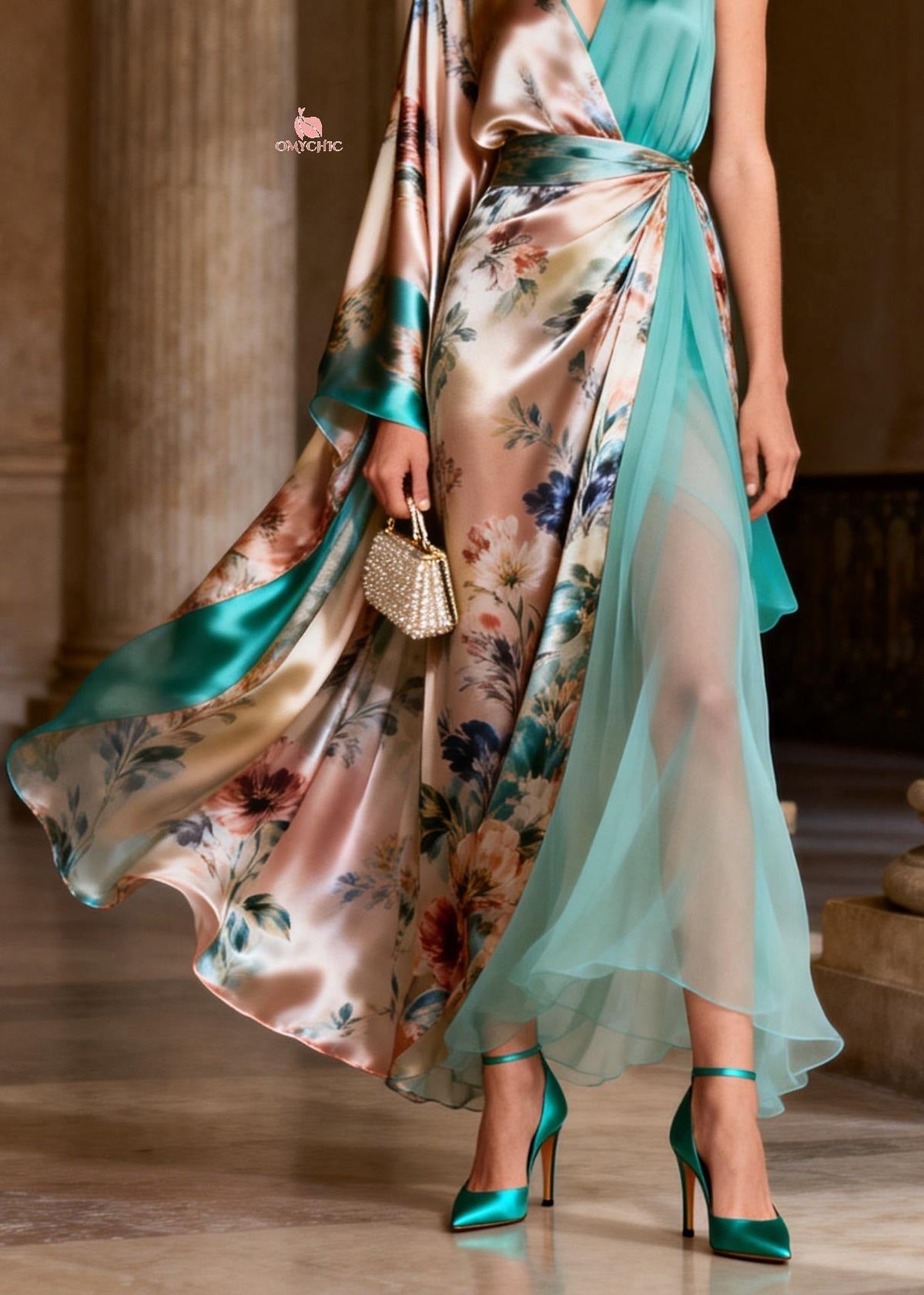 Floral Print Deep V-Neck One Sleeve Cape Wrap High Split Maxi Dress - View 4